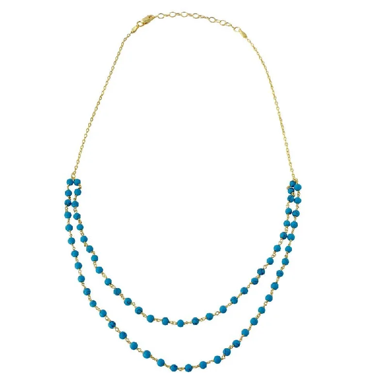 Gold Plated 925 Sterling Silver Double Strand Turquoise Bead Necklace - DIN00070GP