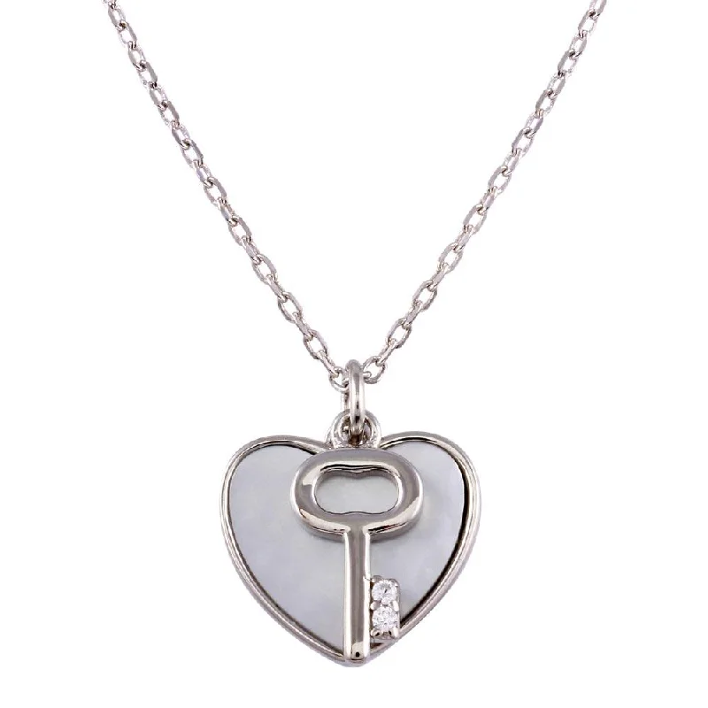 Rhodium Plated 925 Sterling Silver Key and Mother of Pearl Hearts Necklace - STP01757