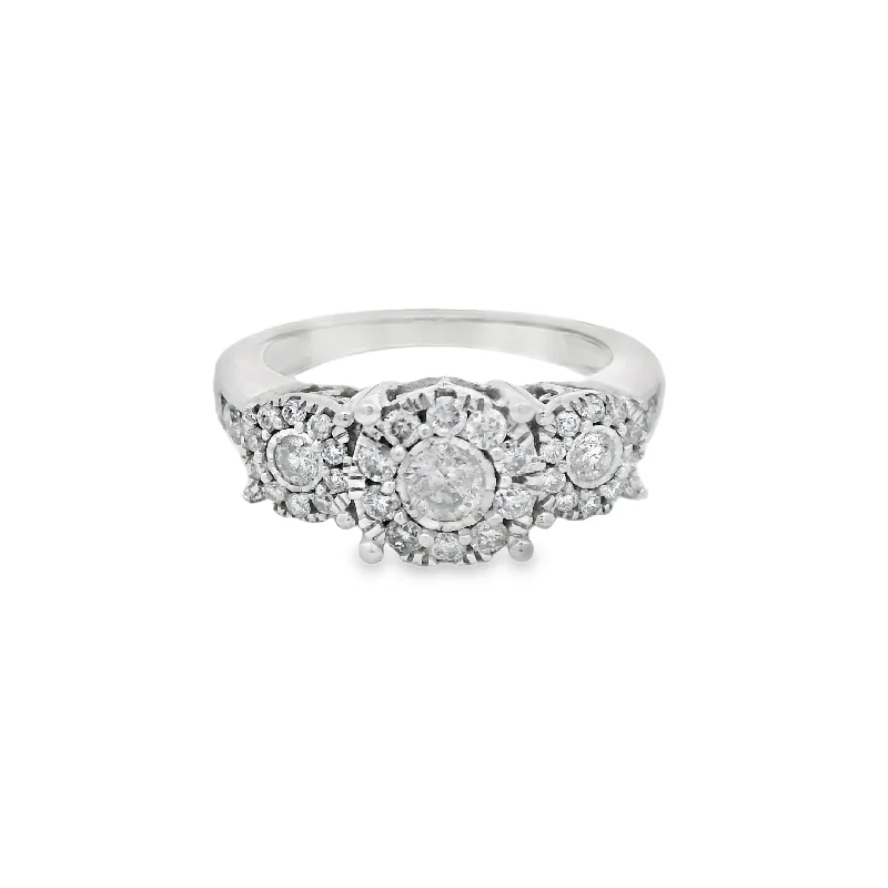 1CTW Three Stone Halo Accented Diamond Engagement Ring