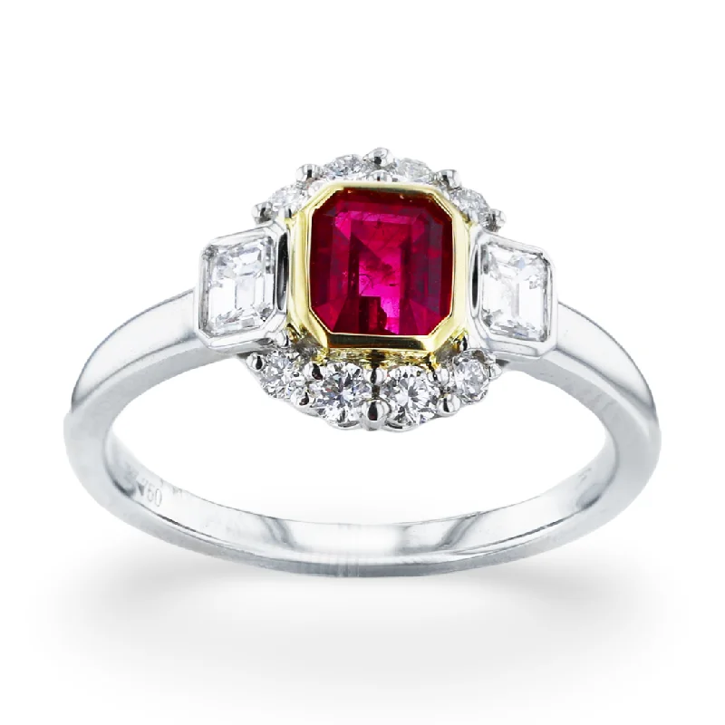 JULEVE PLATINUM & GOLD 0.44CT RED EMERALD & 0.46CTW DIAMOND 3-STONE RING