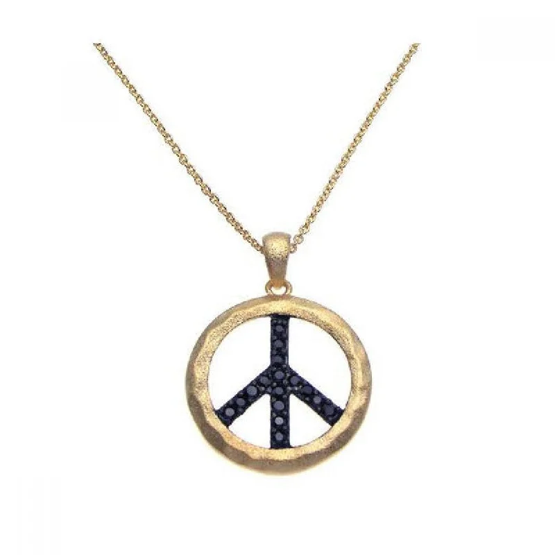 Clearance-Silver 925 Gold Plated Black CZ Peace Pendant Necklace - STP00947