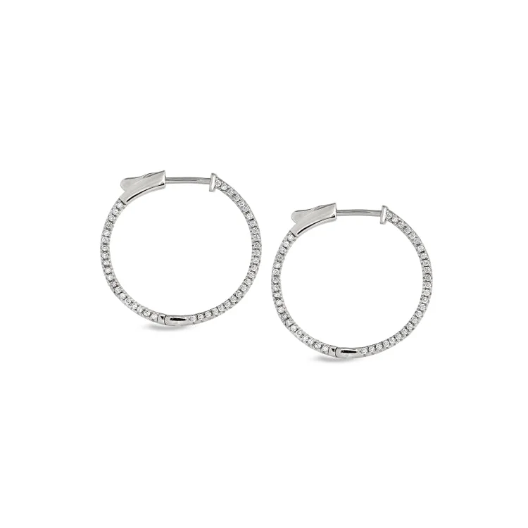 Platinum Finish Sterling Silver Micropave Side Stones Medium Hoop Earrings with Simulated Diamonds