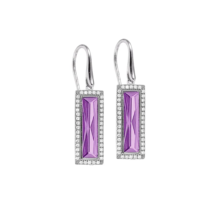 Rhodium Finish Sterling Silver Earrings with Rectangular Simulated Light Amethyst Stones and Simulated Diamonds