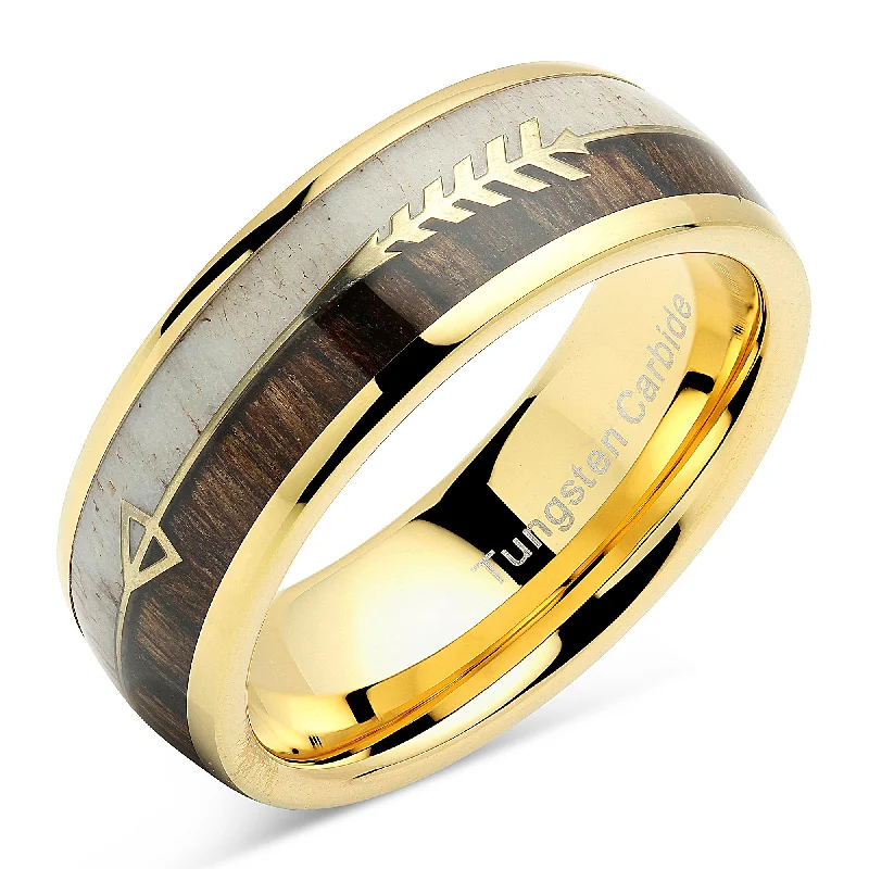 Tungsten Ring Wedding Band Deer Antler Koa Wood Inlaid Engagement Size 6-16