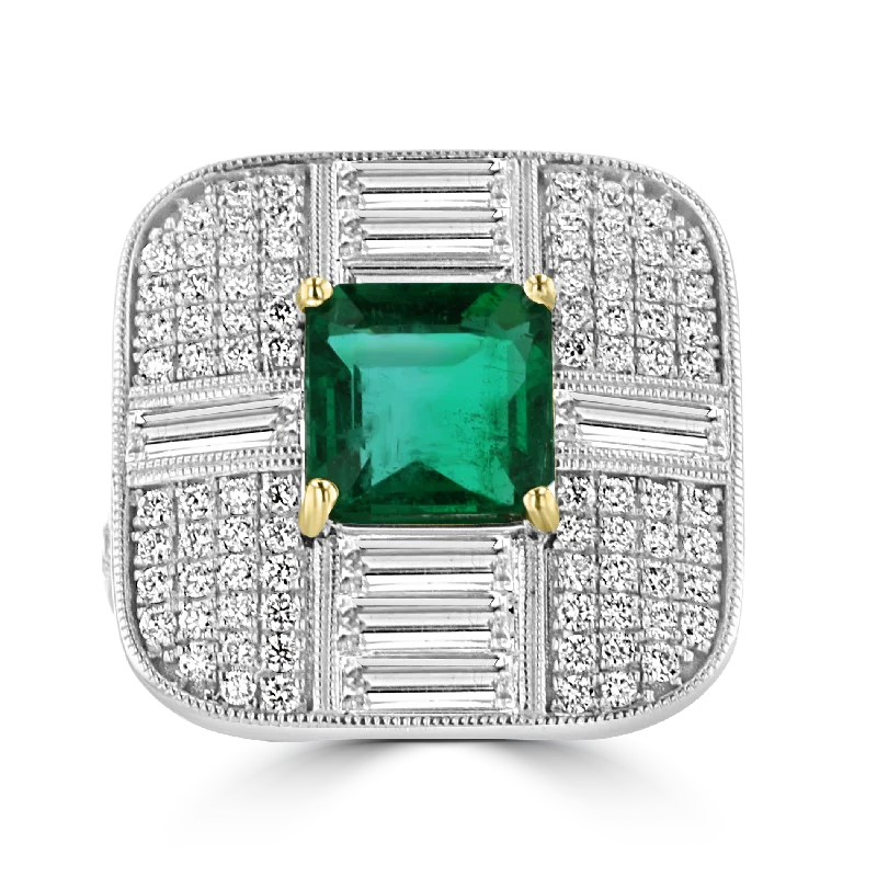 JULEVE 18KT WHITE GOLD 2.33 CT EMERALD & 2.32 CTW DIAMOND RING