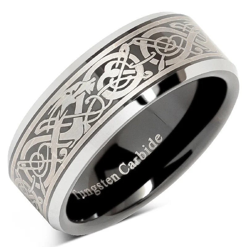 Tungsten Ring For Men Black Wedding Band Celtic Dragon Engraved Engagement Promise Beveled Size 8-15