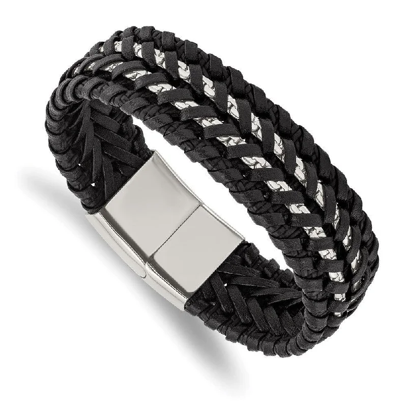 Stainless Steel Polished Black Woven Leather and Chain 8.5in Bracelet