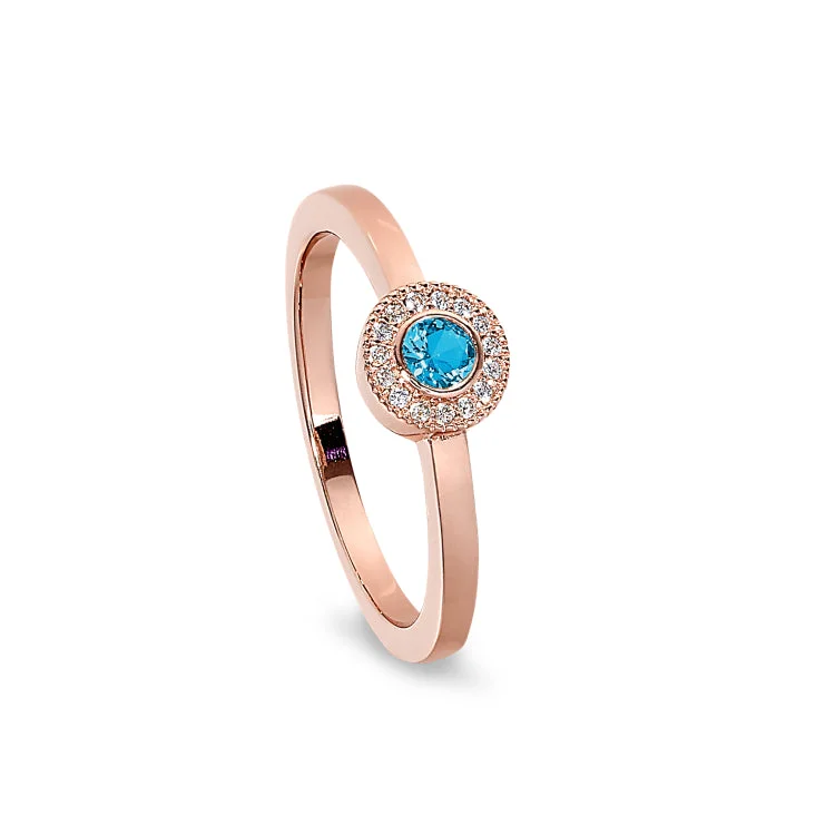 Rose Gold Finish Sterling Silver Micropave Round Simulated Blue Topaz Ring with Simulated Diamonds Size 5