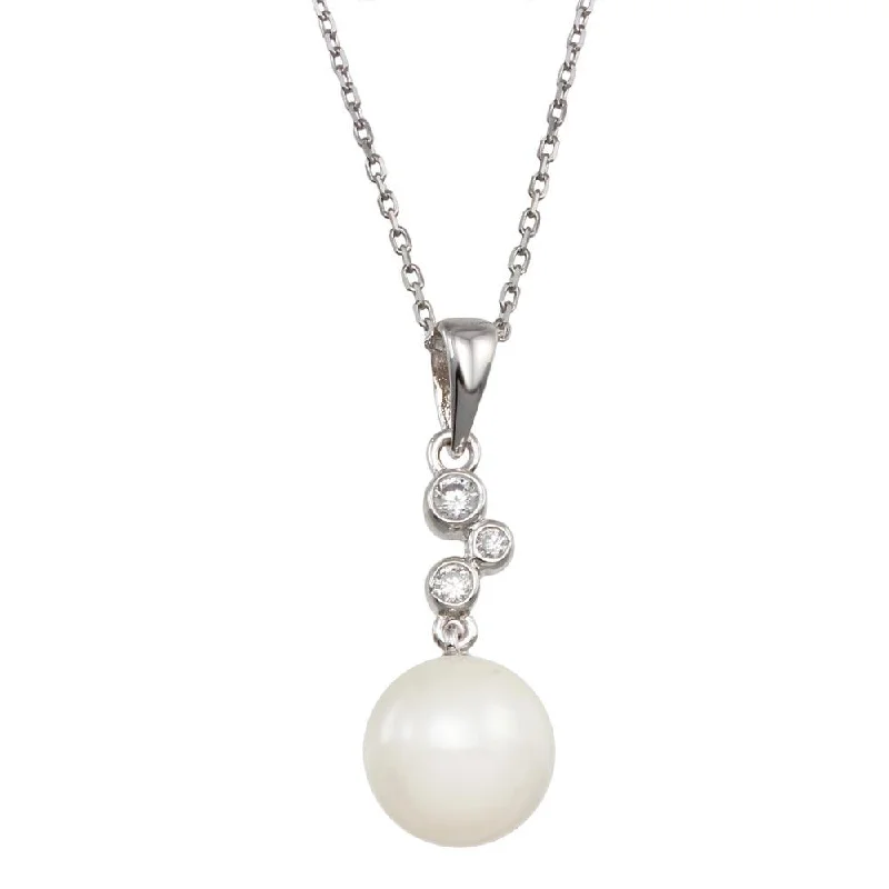 Rhodium Plated 925 Sterling Silver Synthetic Pearl CZ Drop Necklace - BGP00973