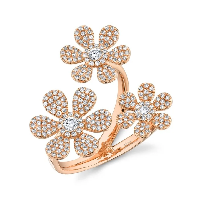 14KT Gold 0.62 CTW Diamond Pave 3 Flower Ring