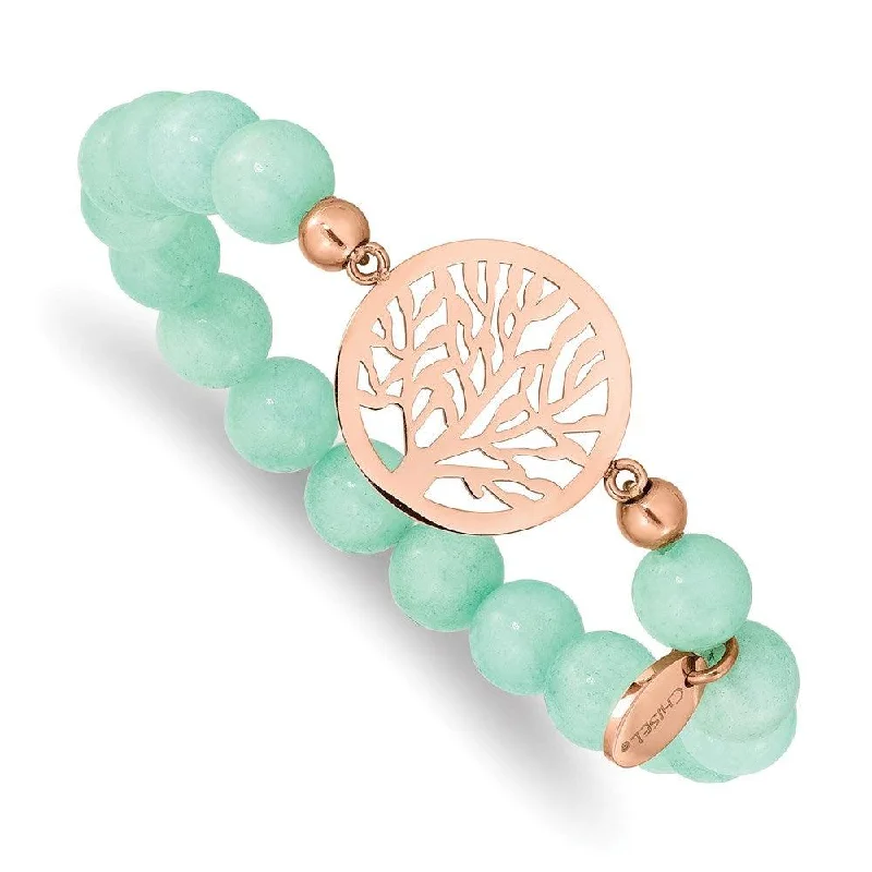 Stainless Steel Polished Rose IP Tree Green Dyed Jade Stretch Bracelet