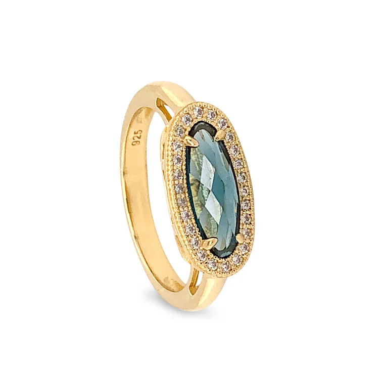 Gold Finish Sterling Silver Micropave Oblong Ring with Simulated London Blue Topaz and Simulated Diamonds