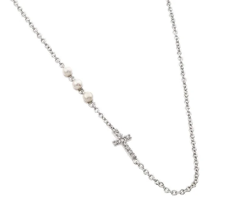 Silver 925 Rhodium Plated Clear CZ 3 Pearl 1 Cross Pendant Necklace - BGP00949