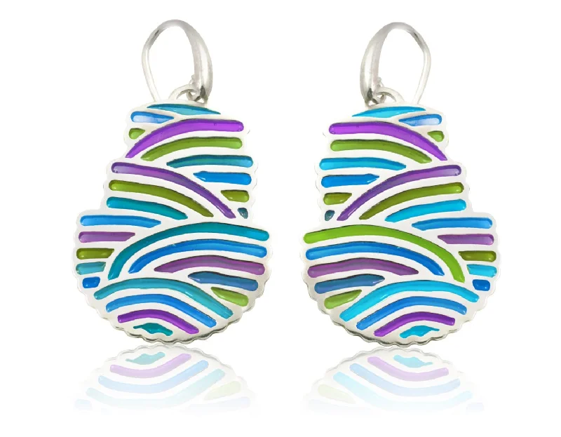 Colorful blue green joyful dangle earrings, sterling silver & cold enamel