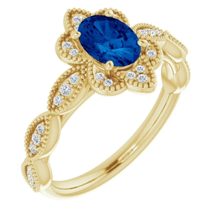 14K Yellow Lab-Grown Blue Sapphire & 1/8 CTW Natural Diamond Ring