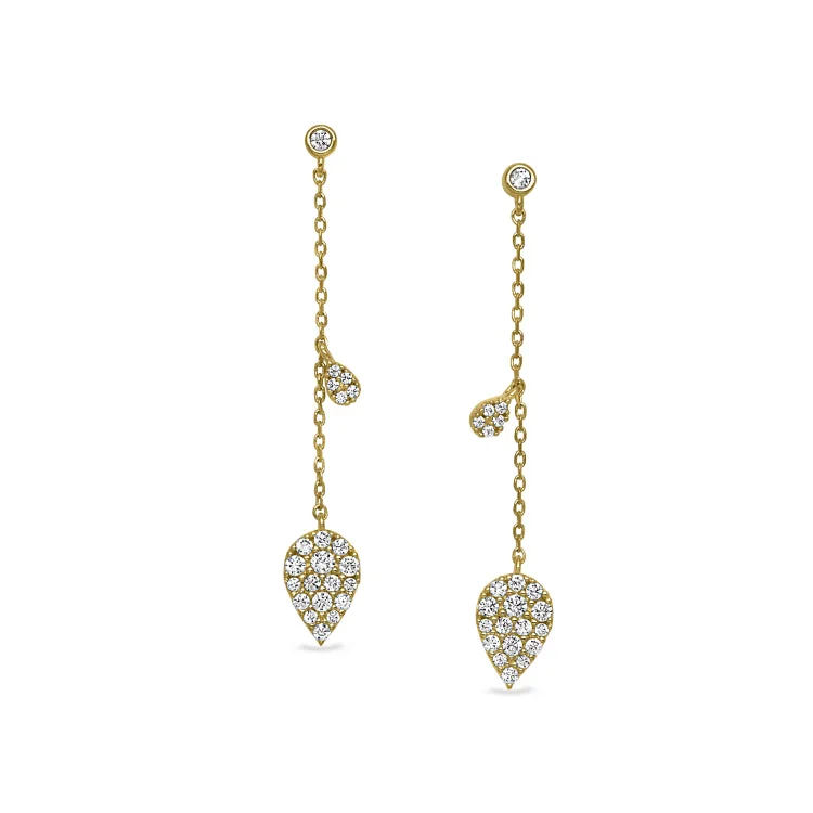 Gold Finish Sterling Silver Micropave Leaf Drop Earrings with Simulated Diamonds