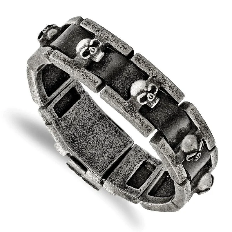 Stainless Steel Brushed Antiqued Skull Black Leather Bracelet