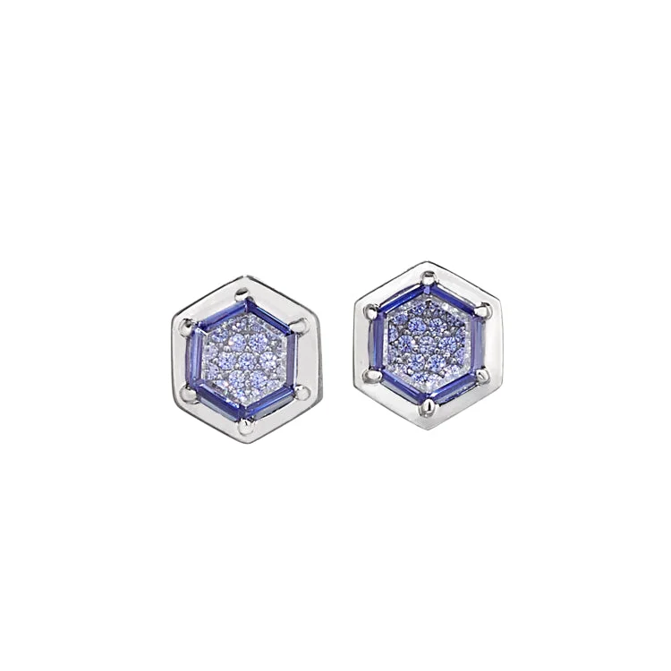 Platinum Finish Sterling Silver Flat Hexagon Synthetic Tanzanite Earrings with Simulated Diamonds