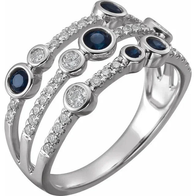 14KT WHITE GOLD 0.44 CTW SAPPHIRE & 3/8 CTW DIAMOND BEZEL-SET 3 ROW RING