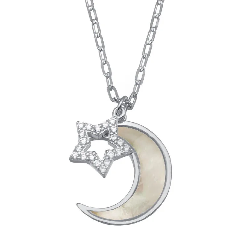 Rhodium Plated 925 Sterling Silver CZ Synthetic Mother of Pearl Star and Crescent Moon Necklace - GMN00102