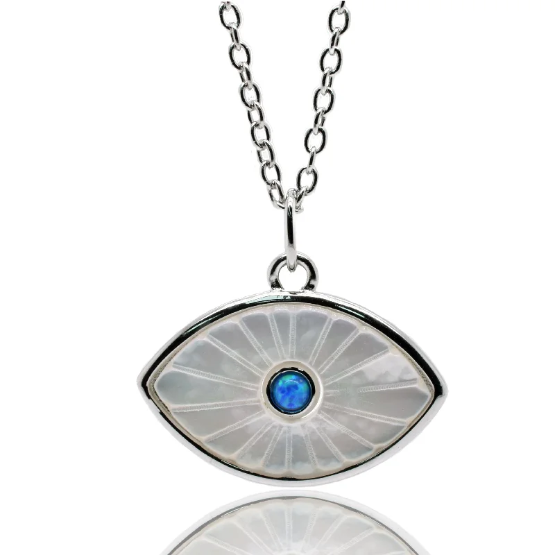 Rhodium Plated 925 Sterling Silver Synthetic White Pearl Evil Eye Blue CZ Pendant Necklace - STP01866