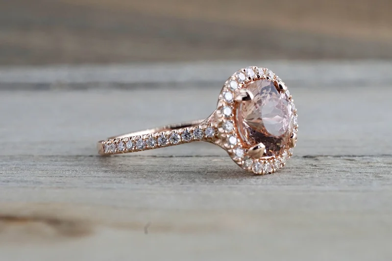 14k Rose Gold Round Peach Pink Morganite Diamond Halo Engagement Anniversary Ring