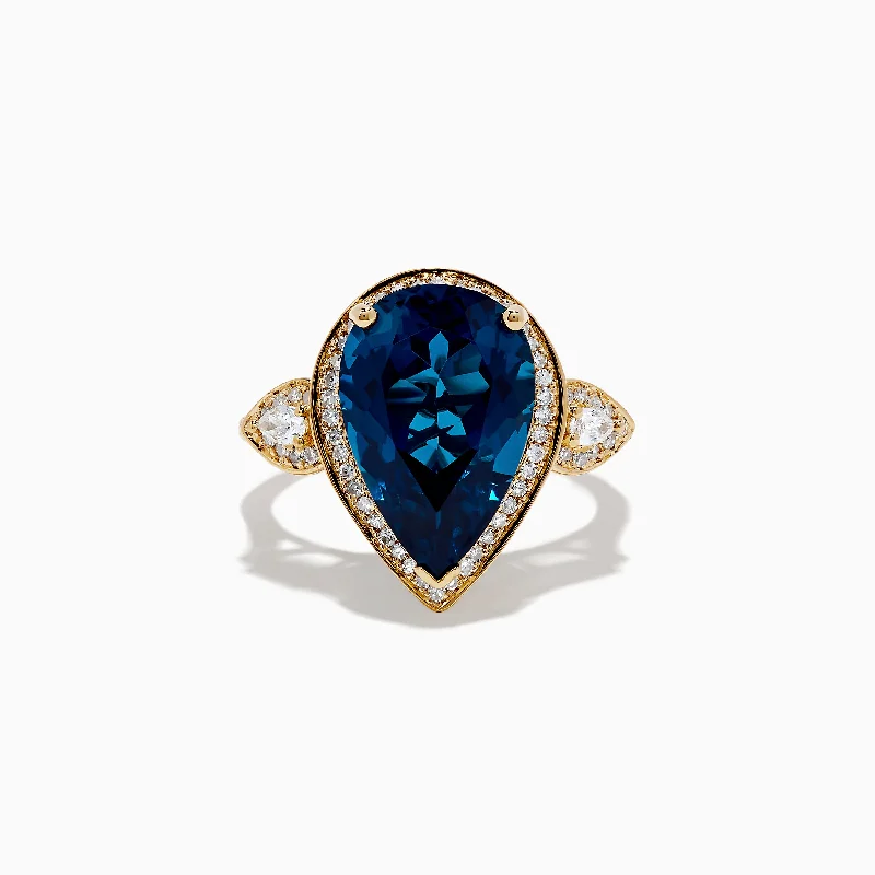 Ocean Bleu 14K Yellow Gold Blue Topaz and Diamond Teardrop Ring