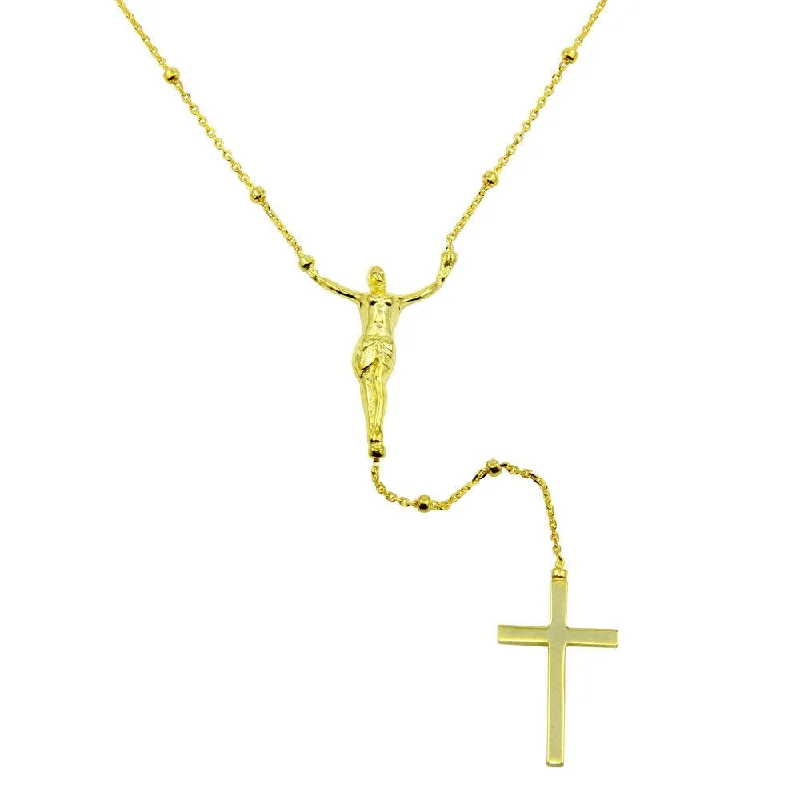 Gold Plated 925 Sterling Silver Crucifix Rosary Necklace - DIN00094GP