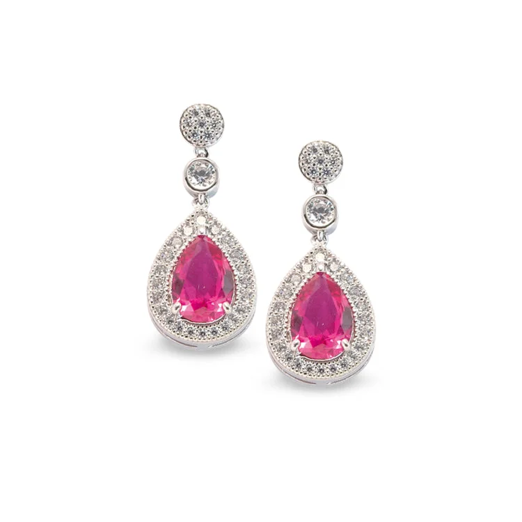 Platinum Finish Sterling Silver Micropave Tear Drop Earrings with Simulated Ruby and Simulated Diamonds