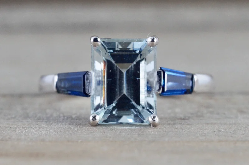 14k White gold Emerald Aquamarine with Blue Sapphire Baguette Future Past Present Engagement Ring