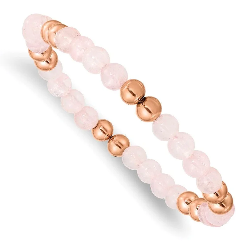 Stainless Steel Polished Rose IP-plated Pink Quartz Beaded Stretch Bracelet