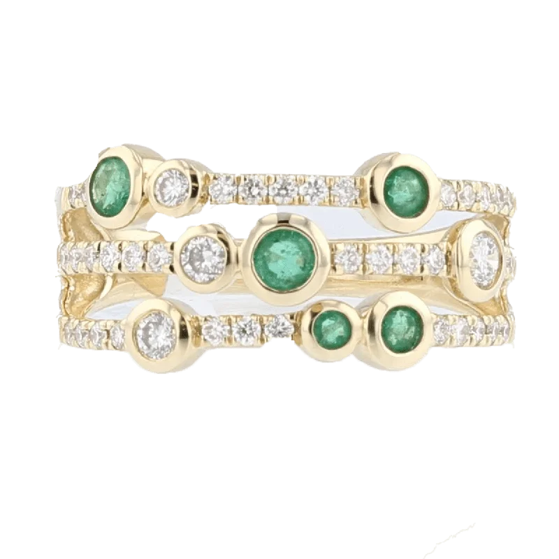 14KT YELLOW GOLD 3/8 CTW EMERALD & 3/8 CTW DIAMOND BEZEL-SET 3 ROW RING