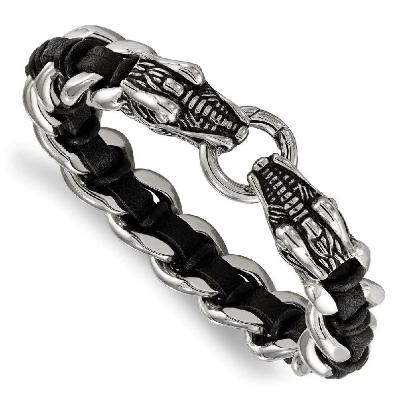 Stainless Steel Polished Blk Leather Antiqued Dragon Head Bracelet