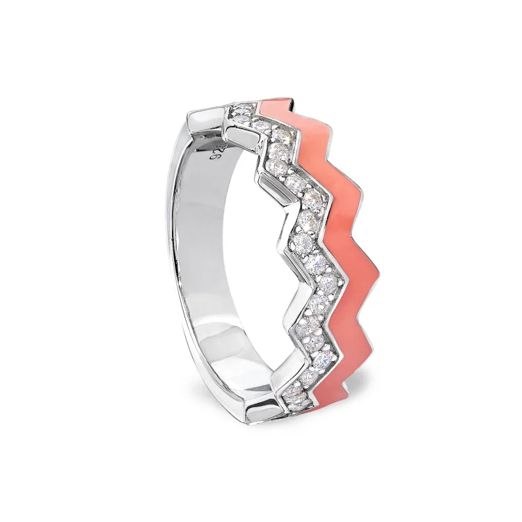 Platinum Finish Sterling Silver Micropave Ring with with Coral Enamel and Simulated Diamondss