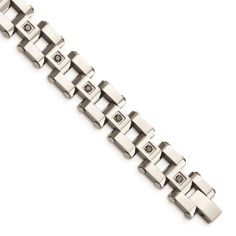 Stainless Steel Polished & Black Diamonds 8.5in Bracelet