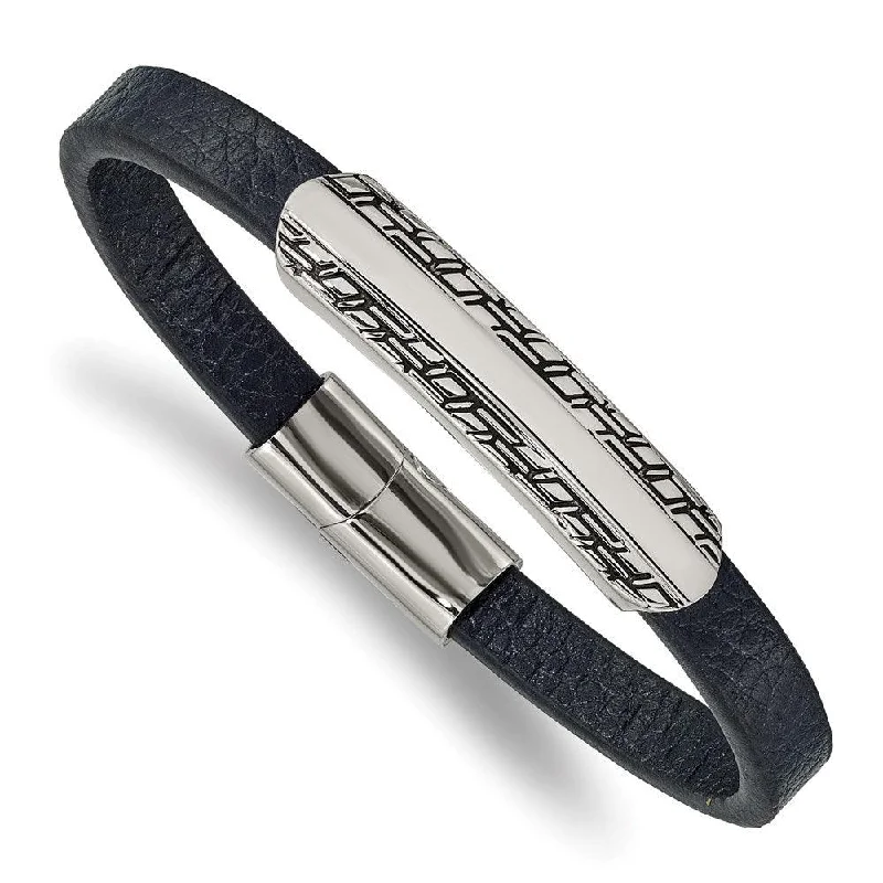 Stainless Steel Antiqued and Polished Blue Leather 8.25in Bracelet