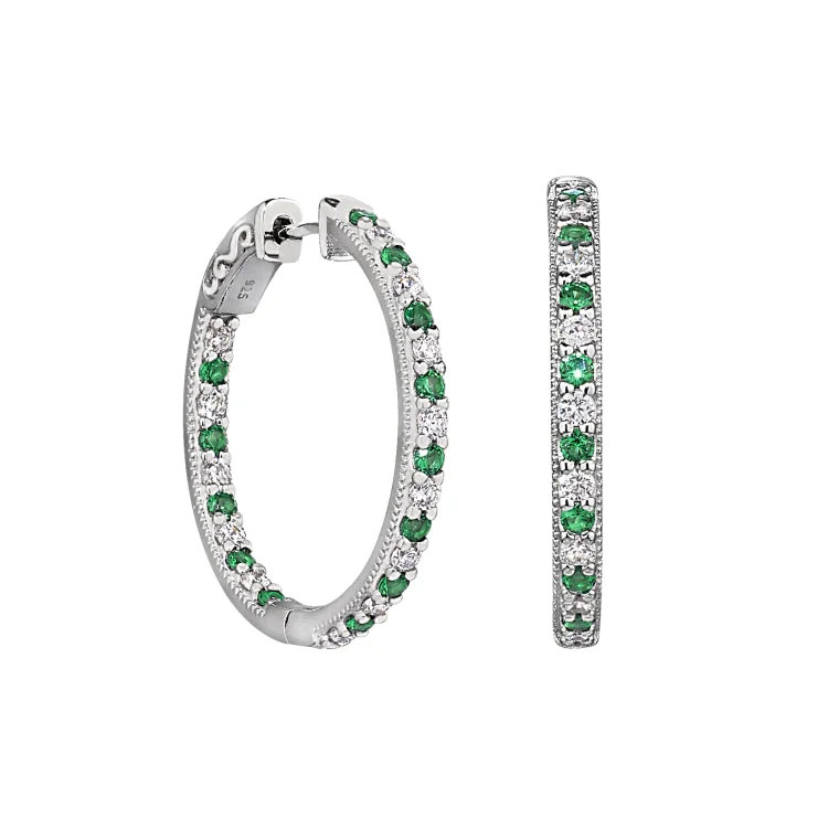 Platinum Finish Sterling Silver Micropave Hoop Earrings with Simulated Emeralds and Simulated  Diamonds