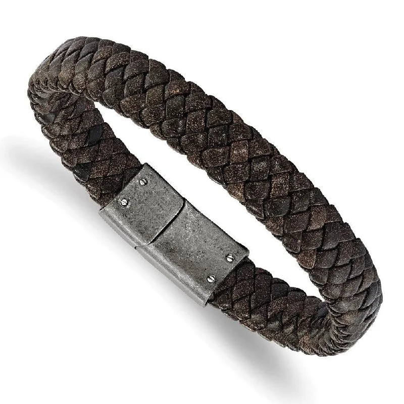 Stainless Steel Brushed Brown Braided Genuine Leather 8.25in Bracelet