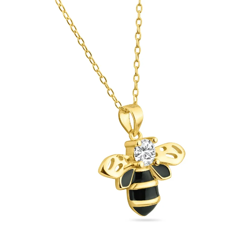 Gold Plated 925 Sterling Silver Clear and Black Enamel Bee Pendant Necklace - BGP01454