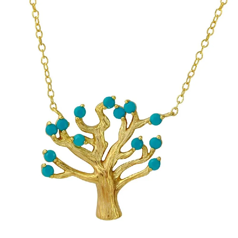 Gold Plated 925 Sterling Silver Tree Necklace with Turquoise Beads - STP01583GP