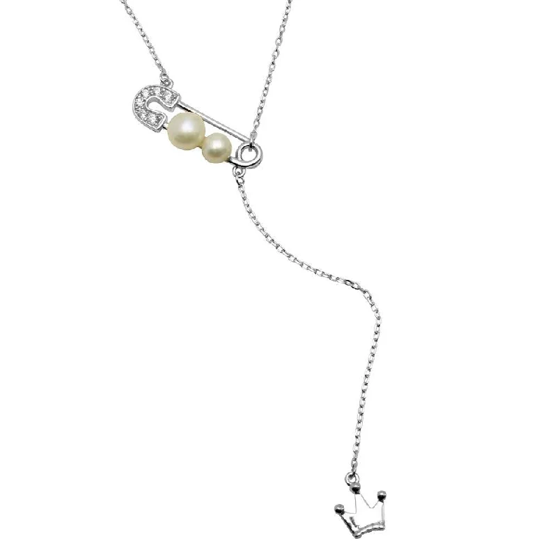 Rhodium Plated 925 Sterling Silver CZ Pin with Fresh Water Pearl Dropped Crown Necklace - BGP01204