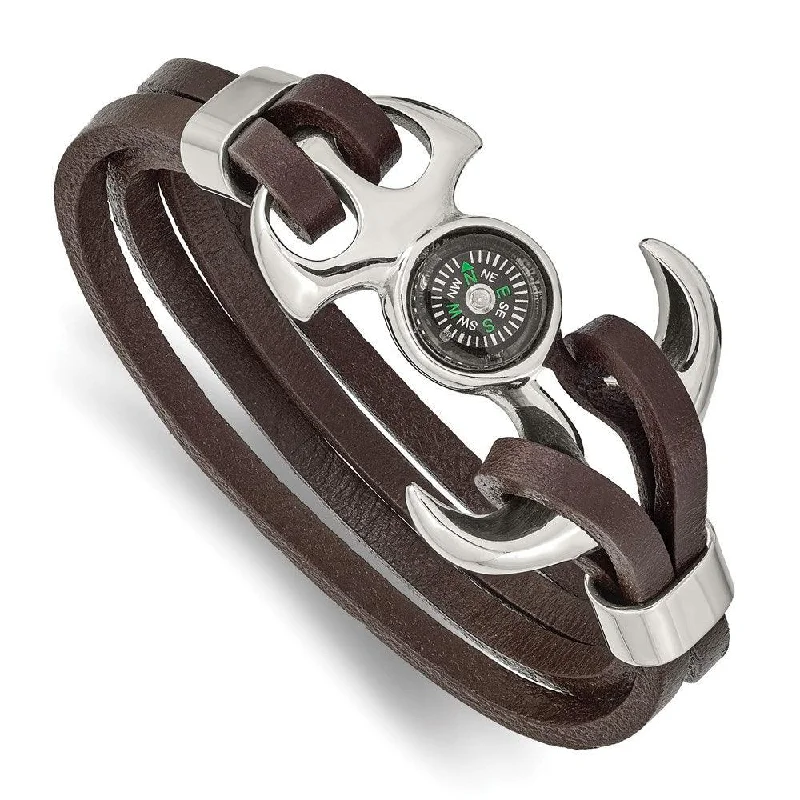 Stainless Steel Polished Functional Compass Brown Leather 8.5in Bracelet