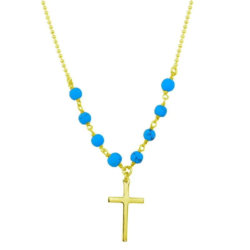 Gold Plated 925 Sterling Silver Small Cross Necklace with Turquoise Beads - DIN00089GP