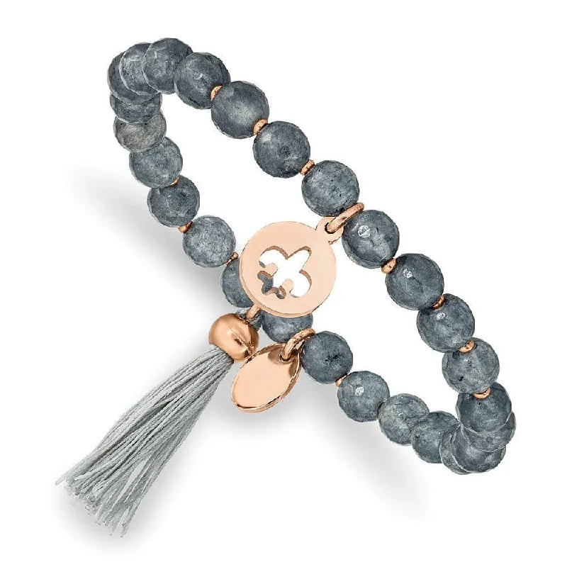 Stainless Steel Polished Rose IP Fleur de Lis Grey Agate Stretch Bracelet