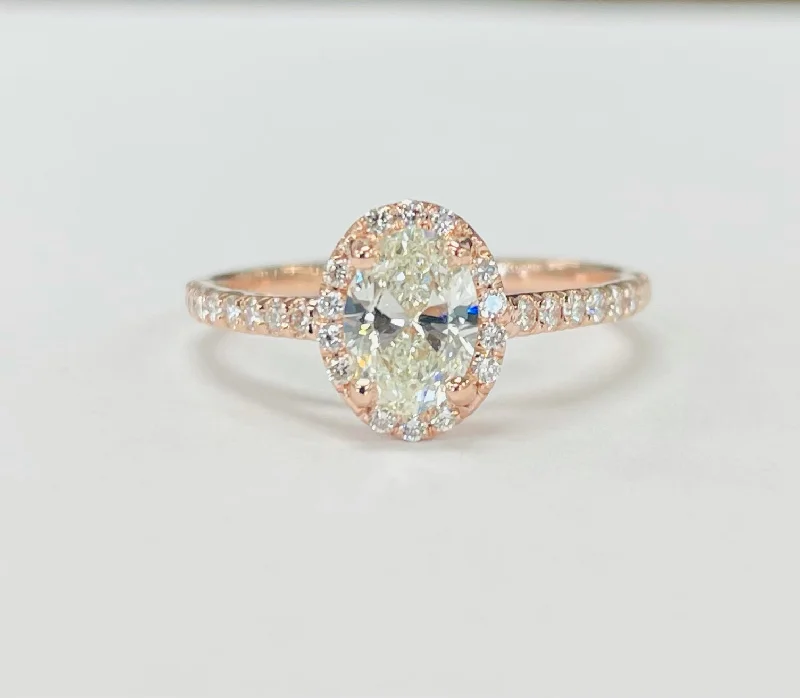 Certified Oval Halo Rose Gold Diamond Engagement Ring