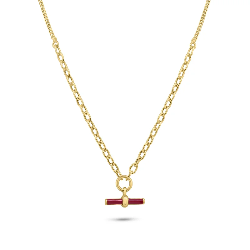 Gold Plated 925 Sterling Silver Curb Rolo Adjustable Enamel Red Bar Necklace - ITN00168-GP