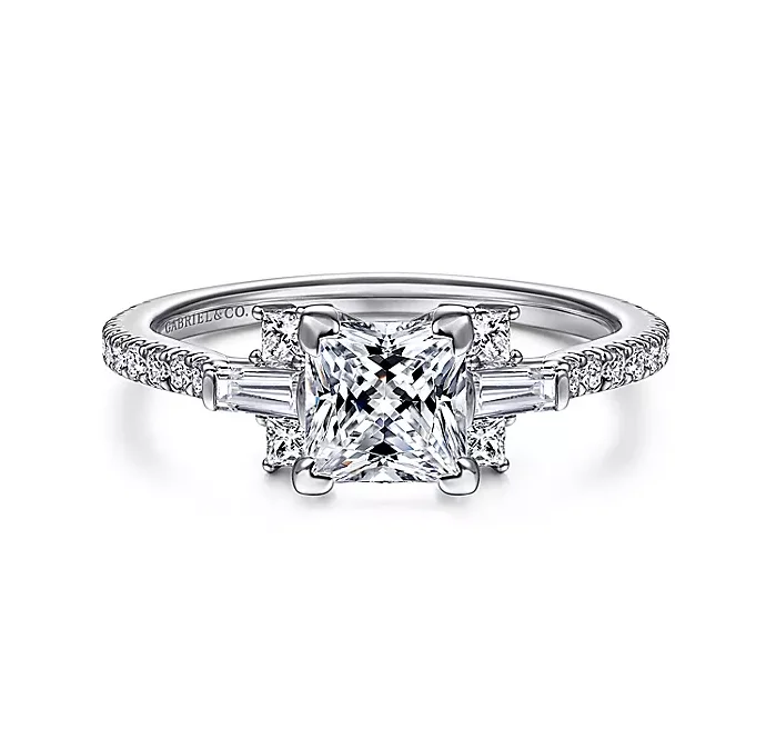 Norita - Vintage Inspired 14k White Gold Princess Cut Three Stone Diamond Engagement Ring