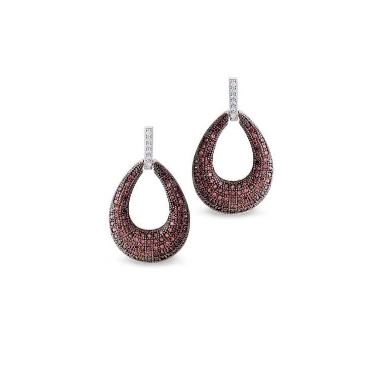 Platinum & Black Rhodium Finish Sterling Silver Micropave Two Tone Teardrop Earrings with Brown Simulated Diamonds