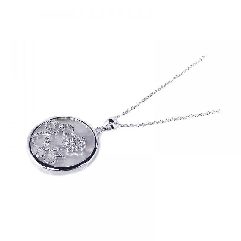 Clearance-Silver 925 Clear CZ Mother Pearl Rhodium Plated Round Circle Pendant Necklace - BGP00127