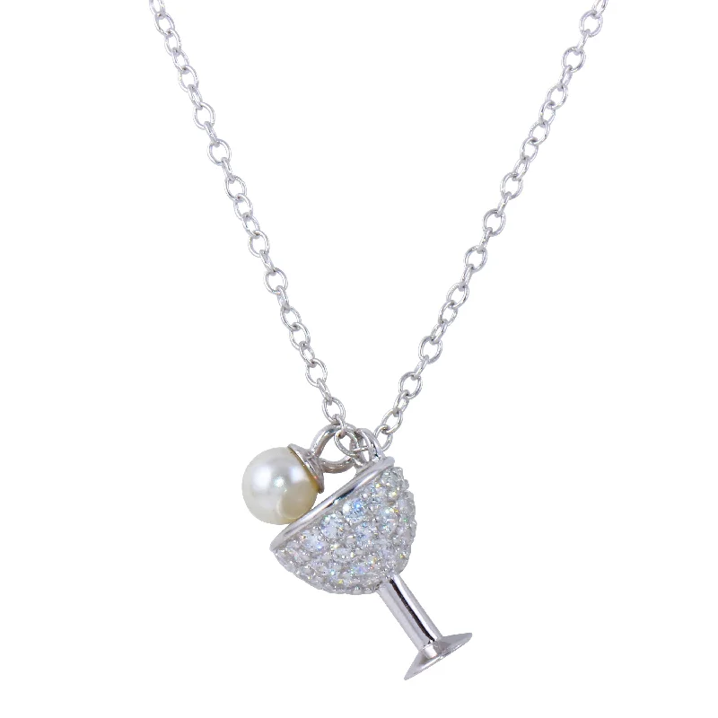 Rhodium Plated 925 Sterling Silver Wine Glass Pendant Necklace with CZ and Synthetic Pearl - STP01654